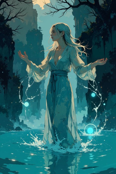 A water nymph, her translucent blue skin shimmering beneath the surface of a crystal-clear lake, rises gracefully with water swirling around her outstretched arms. Her long, flowing hair, the color of seafoam, billows out behind her as if suspended in water. Her wide, sea-green eyes reflect the light of the setting sun, glowing with a soft, ethereal light. Her delicate features are framed by tendrils of water that snake around her body, forming intricate patterns of droplets that shimmer like diamonds. The water beneath her ripples and glows, responding to her every movement as she commands the lakeâs flow. Behind her, the jagged cliffs and waterfalls glisten in the golden light, creating a dreamlike backdrop. Fish dart around her feet, and the faint scent of fresh rain fills the air. Her expression is calm and serene, her connection to the water evident in every gentle gesture  Fantastic lighting. Detailed shadows.intricate details, vivid colors, hyper-detailed, ultra-sharp <lora:Blue_Future:0.2><lora:Ethereal_Brush_Anime_v1.0:0.6><lora:Dark_and_sentimental v1.0:0.6><lora:It's a LoRA for portraits, BUT! actually specialized in backgrounds. v1.0:0.3>