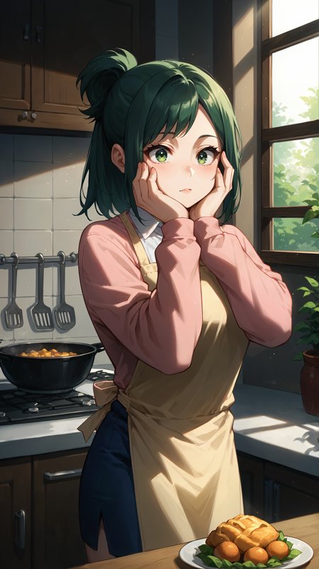 score_9,score_8_up,score_7_up,score_6_up, <lora:xl_more_art-full_v1:0.5>, source_anime, woman, dynamic pose, hands on face, <lora:Inko Midoriya - Pony-000004:0.8>, green hair, short ponytail, green eyes, pink sweater, blue skirt, pencil skirt, apron, kitchen, large window, soft lighting, light rays, cooking,