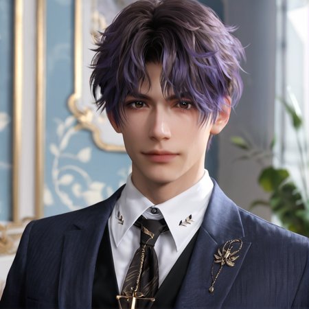 1boy,purple hair,black eyebrows,brown eyes,jacket,necktie,tie clip,shirt,lapel pin,pants,tight-fitting suit,depth of field,gorgeous background,formal,indoors,looking at viewer,male focus,solo,masterpiece,best quality,high quality,detailed hair,detailed face,detailed skin,realistic,<lora:L&DsRafayel(ZQ)_v1.0:0.5>,