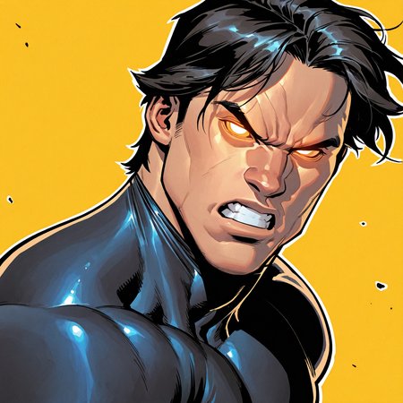 <lora:VULCAN:1>
vulcan, solo, looking at viewer, short hair, black hair, 1boy, upper body, male focus, teeth, muscular, bodysuit, glowing, thick eyebrows, muscular male, pectorals, portrait, bara, clenched teeth, glowing eyes, black bodysuit, superhero, blue bodysuit scowl, two-tone bodysuit, cheekbones, large pectorals
, motion blur, film grain, abstract, natural lighting, tilted angle, fantasy, cinematic, dynamic view, very awa, masterpiece, best quality, absurdres, newest, perfect quality, detailed background, intricate details, (artist:fl \(l-fl\):0.7), (artist:tooboshoo:0.7), (artist:dizdoodz:0.8)