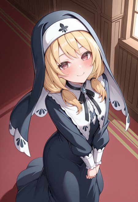highres, best quality, masterpiece, indoors,
1girl, solo, pcrclear, blonde hair, brown eyes,
nun, low twintails, habit, long sleeves, long dress,
looking at viewer, blush, smile,
head tilt, from side, standing, from above, v arms, 
<lora:_clear_pcr-elesico-ilxl-000014:1>