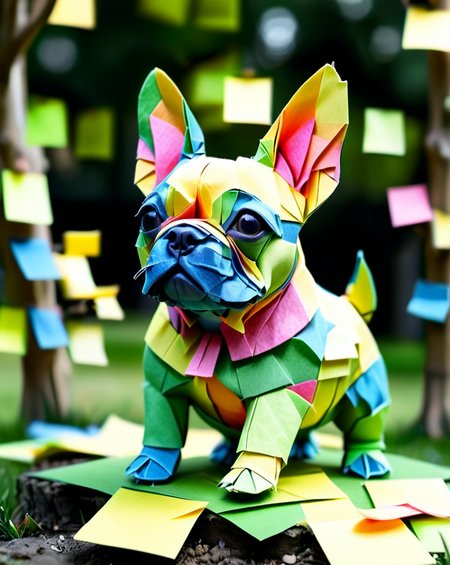 a colorful french bulldog puppy made out of Jed-StickyN, dynamic pose, dynamic angle, intricate details, ultra wide shot, zoomed out, shallow depth of field,
<lora:StickyNotesStyle:1>,  <lora:add-detail-xl:0.5>,  <lora:sd_xl_dpo_lora_v1:1>, set in a green dog park made of paper,  <lora:TQ_-_Fairy_Tale_Origami_Paintings:0.7>