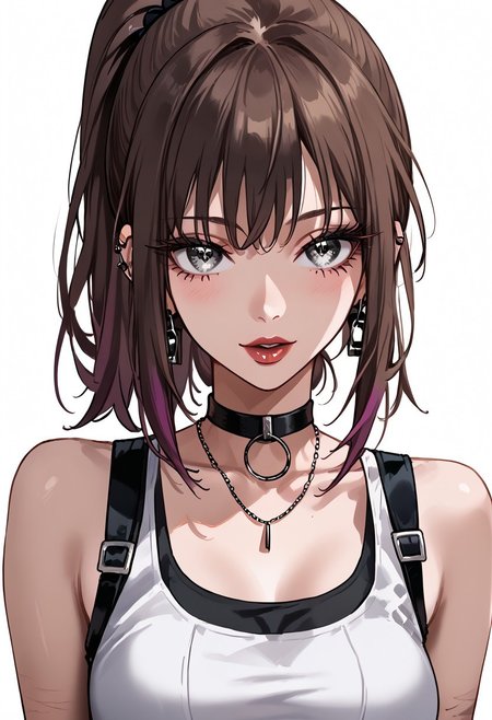 score_9, score_8_up, score_7_up, score_6_up, 1girl, expulse, medium hair, side-swepped bangs, brown hair, purple streaks, ponytail, BREAK, grey eyes, short neck, gorgeous lips, ear piercings, BREAK, medium breasts, pale skin, BREAK, solo, alone, black tanktop, tight jeans, sexy gal, no make-up (masterpiece:1.2), best quality, high resolution, unity 8k wallpaper, (illustration:0.8), (beautiful detailed eyes:1.6), extremely detailed face, perfect lighting, extremely detailed CG, (perfect hands, perfect anatomy),