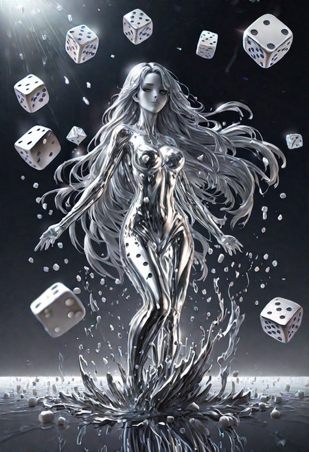 (masterpiece,best quality,ultra-detailed,best illustration:1.3), 1woman,  its raining dice, 1000s of white dice falling from from the clouds, full length metal body, silver liquid metal long hair, casino background,
silver LIQUID METAL