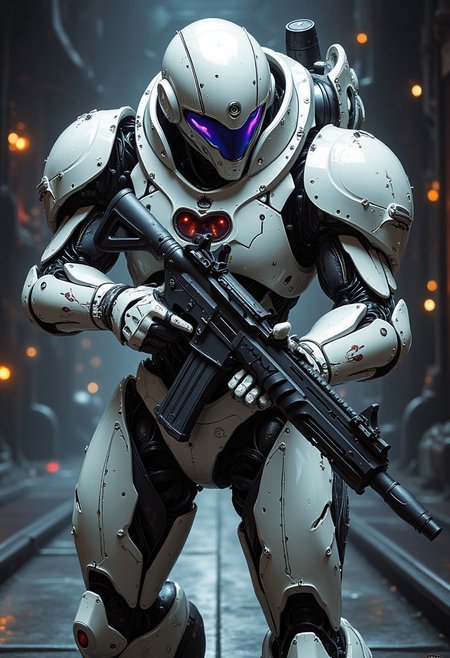 ArsMJStyle, dnddarkestfantasy, closeup portrait of a high end bipedal robot battle unit, white and neon power armor, detailed cyberhelmet, robot joints and circuits, holding an assault rifle, aiming at the viewer, on the deck of a futuristic starship, intricate detail. Perfect Composition, realistic photographic image, RAW photo highest quality, perfect directional lighting,