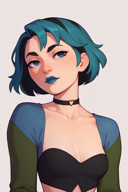 score_9, score_8_up, score_7_up, BREAK,  <lora:pudgeruffian-guy-PONYv1:1>, 1girl, solo, breasts,  <lora:gwentd-guy-ponyv1:0.95> gwentd, two-tone hair, lipstick, choker, crop top, long sleeves, portrait, three quarter view