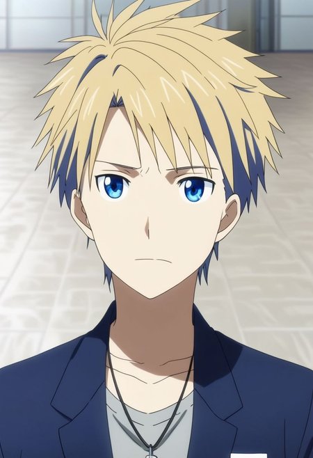 high resolution, solo, best quality, 1Boy, Yamato Ishida, Blond Hair, Blue Eyes, Necklace, school, school uniform, OverallDetail