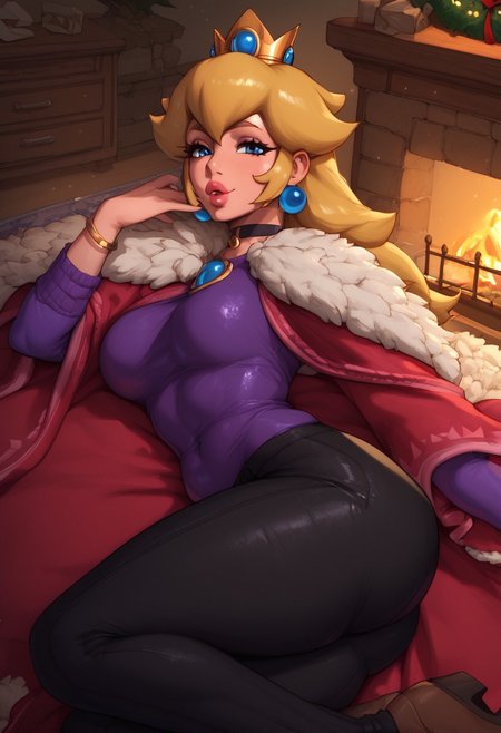 score_9, score_8_up, score_7_up, , 1girl, solo, , large breasts, narrow waist, , thick thighs, bubble ass, choker, , l, lying, indoors, cozy living room, christmas decor, looking at viewer, oiled body, earrings, detailed face, makeup, eye shadow, seductive, close view, Princess Peach, , medium breasts, stone capelet, cape, red jacket, long sleeves, purple dress, bracelet, black pants, brown footwear