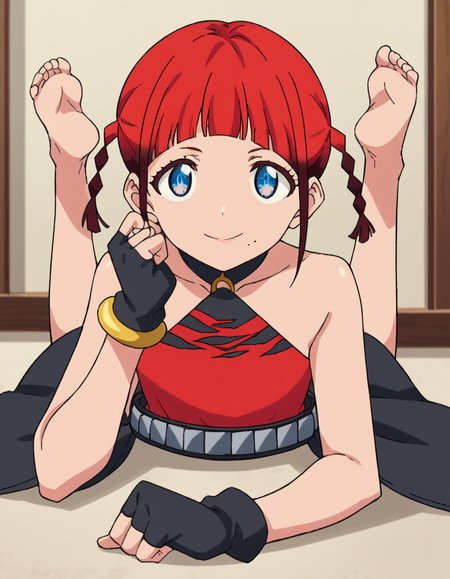 score_9, score_8_up, score_7_up, source_anime, <lora:chise-asukagawa-s1-ponyxl-lora-nochekaiser:1>, chise asukagawa, short hair, blue eyes, braid, red hair, multicolored hair, mole, twin braids, gradient hair, mole under mouth, anime screencap,, skirt, gloves, bare shoulders, jewelry, belt, fingerless gloves, bracelet, sleeveless, red shirt, black skirt,, museum, art exhibit, paintings, observing, quiet contemplation, cultural experience, smile, <lora:the-pose-ponyxl-lora-nochekaiser:1>, the pose, on stomach, feet up, lying, soles, feet, legs up, head rest, barefoot, looking at viewer, solo,, dutch angle, cowboy shot