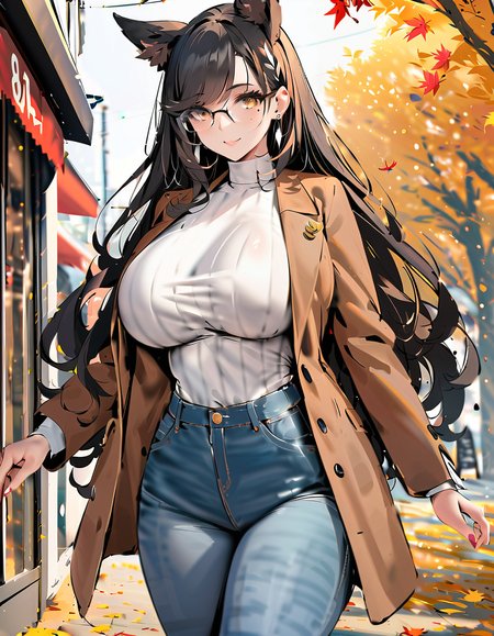 (masterpiece), (best quality), (ultra-detailed), 1girl, solo, walking, cafe, looking_at_viewer, cowboy_shot, atago \\(azur lane\\), dog_ears, black_hair, extra_ears, yellow_eyes, (mature female:1.2), tall female, large breasts, curvy, collarbone, beautiful face, highly detailed faces and eyes, shiny skin, shiny, long_hair, ribbon, skindentation, smile, swept_bangs, white_ribbon, brown eyes, mole_under_eye, very long hair, earrings, jeans, turtleneck sweater, brown jacket, open jacket, glasses, happy, outdoors, day, autumn, autumn leaves, masterpiece, best quality, very aesthetic, absurdres, score_9, score_8_up, score_7_up, score_6_up, by marushin, illustration, disheveled hair, detailed eyes, perfect composition, moist skin, intricate details, earrings, by wlop, 1girl, solo, walking, cafe, looking_at_viewer, cowboy_shot, atago \\(azur lane\\), dog_ears, black_hair, extra_ears, yellow_eyes, (mature female:1.2), tall female, large breasts, curvy, collarbone, beautiful face, highly detailed faces and eyes, shiny skin, shiny, long_hair, ribbon, skindentation, smile, swept_bangs, white_ribbon, brown eyes, mole_under_eye, very long hair, earrings, jeans, turtleneck sweater, brown jacket, open jacket, glasses, happy, outdoors, day, autumn, autumn leaves, masterpiece, best quality, very aesthetic, absurdres, score_9, score_8_up, score_7_up, score_6_up, by marushin, incredible detail, expressive, elegant, cinematic, thought complex background, professional, extremely lively, stunning, attractive, gorgeous, intricate, amazing, artistic, luxury, creative, awesome, breathtaking, epic, dramatic ambient