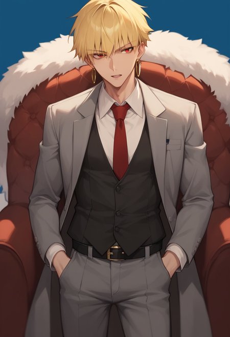 score_9,score_8_up,score_7_up,1,<lora:stay_night_all:1>,1boy,black_belt,blonde_hair,blue_background,collared_shirt,dress_shirt,eyes_visible_through_hair,formal,gilgamesh_\(fate\),gold_earrings,grey_coat,grey_pants,hands_in_pockets,highres,hoop_earrings,long_sleeves,lower_teeth_only,male_focus,parted_bangs,parted_lips,print_necktie,red_eyes,red_necktie,short_hair,simple_background,solo,waistcoat,white_border,white_shirt,