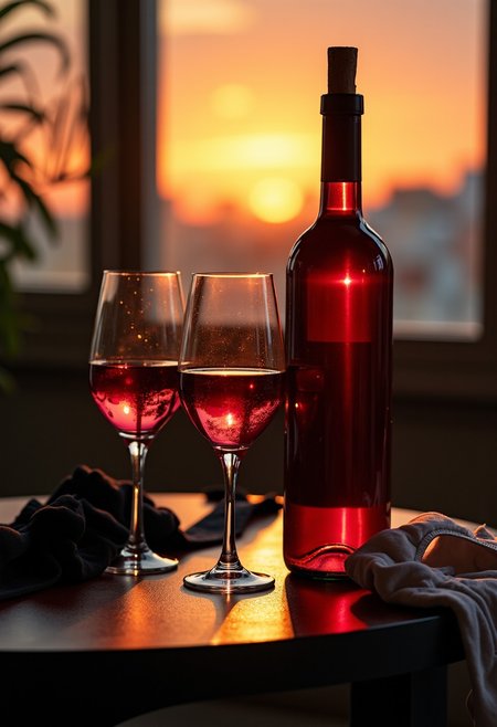 still life photo of an empty bottle of wine and three half-filled wine glasses on a living room side table, lipstick prints on the wine glasses, 
 sunset is visible through the window in the background
shallow focus, one side lighting, dramatic lighting, 
(( black panties and a negligee are dropped haphazardly on the floor)), (a white bra is draped over the tip of the wine bottle)