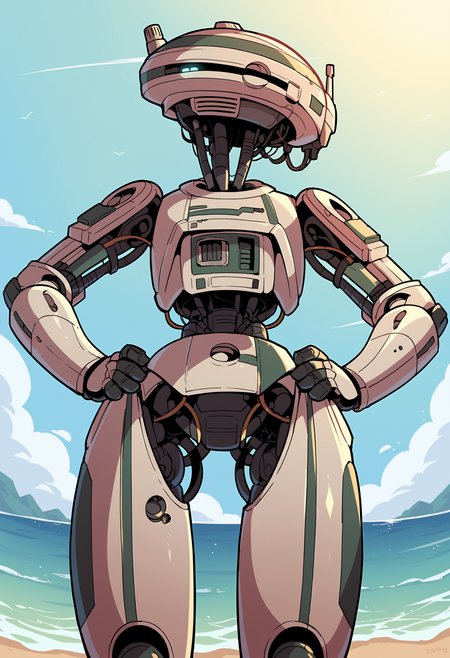 score_9, score_8_up, score_8, source_anime, 1girl, <lora:L337:0.95> solo, no humans, robot, humanoid robot, helmet, blush, cute pose, hands on hips, view from below, looking at viewer, 
beach background, ocean,