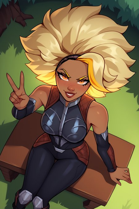 score_9, score_8_up, score_7_up, score_6_up, BREAK, RellLoLXL, dark skin, colored skin, orange eyes, blonde hair, yellow hair, afro, big hair, two-tone hair, medium breasts, armor, black bodysuit, detached sleeves, black elbow gloves, black pants, black shoes, solo, sitting, above view, peace sign, seductive smile, looking at viewer, naughty face, nose blush, forest <lora:RellLoLXL:1>