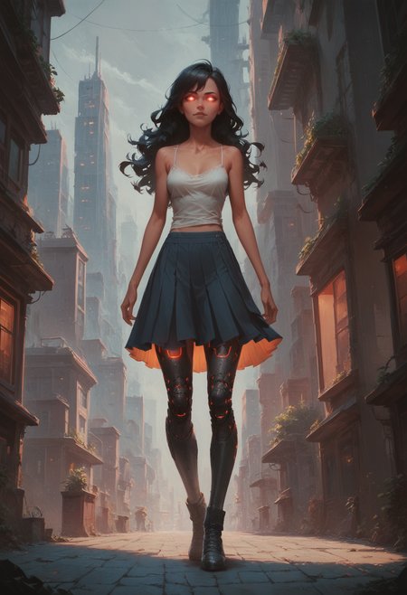 (score_9_up, score_8_up:1.2), 1girl, long wavy black hair, glowing eyes, camisole, skirt, city, robotic legs, concept art, <lora:Cyberlegs:0.5>, <lora:Concept Art Ultimatum Style LoRA_Pony XL v6:0.8>, <lora:aesthetic:4>, <lora:RMSDXL_Enhance:2>, <lora:xl_more_art-full_v1:0.5>