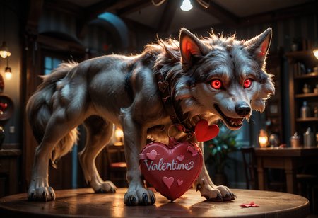 side viewfrom below, cute whimsical resin figurine of (wolf:1.26), detailed features, (floating hearts:1.33), in love, (heart-shaped eyes:1.22),  holding red heart, (passing heart towards viewer:0.95), (animal valentine:1.19), p16<lora:sdxl\oldPhoto_v1.0.safetensors:0.86:0.18>  
p16,s3