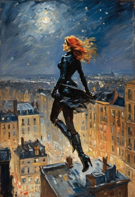 impressionist painting by Berthe Morisot, very rough painting with visible paint strokes, (dynamic_angle), 
Batwoman swinging between buildings, burning midnight costume, high boots, clothes like midnight full of stars, Night light, sharp shadows, moon lit, 
looking out over city, City landscape, dystopian city, crowds of people, 
standing high above stret, illustration,