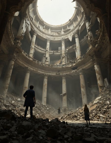 By Arthur Yuan. A photo-realistic shoot from a far camera angle about a post-apocalyptic scene inside a large, dilapidated building with a circular opening in the center, surrounded by rubble and debris. the image also shows three silhouettes of people standing amidst the rubble, looking up at the interior of the building. on the left of the image, a man stands in the foreground, with his back to the camera, facing away from the viewer, while on the right, a woman stands behind him, facing the viewer. the scene is set in a dimly lit, desolate environment, with a large circular opening at the top, revealing a grand, ornate interior with columns and intricate carvings. the overall atmosphere is one of destruction and chaos, with the ruins and debris scattered throughout the scene.