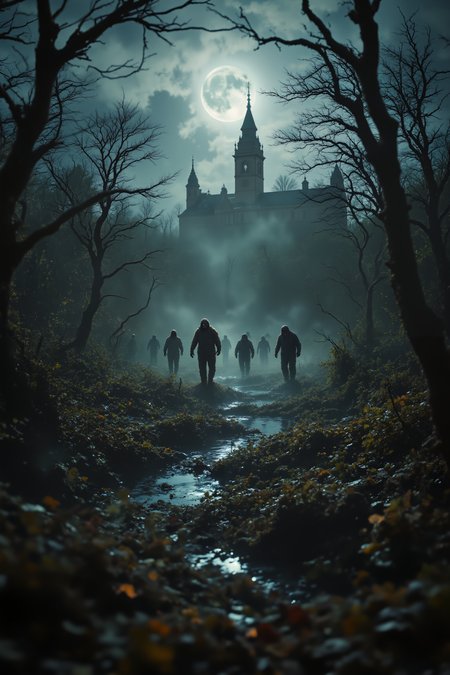 Deep within a swamp, a horde of bloated, waterlogged zombies wade through the murky waters, their flesh swollen and mottled with green and brown. Their movements are slow, almost mechanical, as they push through the thick, fog-covered mire, the sound of their dragging feet barely audible above the chorus of croaking frogs and buzzing insects. The swamp is dense with twisted, gnarled trees, their roots reaching out like skeletal fingers, and the water is thick with algae and decay. Faint, glowing eyes peer out from the waterâs edge, belonging to unseen creatures that watch silently as the zombies lumber past. Above, the moon hangs low and full, casting a pale, ghostly light through the fog, reflecting off the slimy skin of the undead as they shuffle forward. The air is thick with the stench of rotting vegetation and the faint, metallic scent of death. In the distance, the silhouette of a crumbling, ancient mansion looms over the swamp, barely visible through the mist, adding an air of haunted mystery to the scene.<lora:OBInstant camera portrait photography V2.0:1.0>, <lora:Dark side of light:0.55>, <lora:aidmaFLUXPro1.1-FLUX-v0.3:1.0>, <lora:Glitchcore_Flux:0.8>,