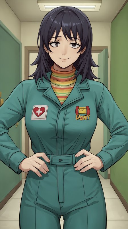 score_9, score_8_up, score_7_up,anime_source, source_anime, best background, detailed background, anime screencap, 4k, upscaled,  Anya, Main Outfit, solo, smile, closed mouth, hand on own hip, indoors, corridor, dark, expressless,   <lora:JN_Anya_Pony:0.8>