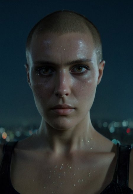 Buzzcut, no hair, bald, Blade Runner style, cinematic film still, (Skin Texture, pores, natural,iPhone,RAW)), natural lighting, Highest Quality closeup Portrait photo of a woman with a ((buzzcut)), silver eyes, Nikon Z9, realistic matte skin, blurry city in the background, at night, moody, epic, gorgeous, 8K,