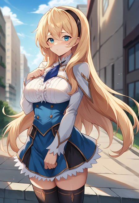 score_9, score_8_up, score_7_up, source_anime, masterpiece, 1girl, ctiancelesti4, blue necktie, white capelet, long sleeves, underbust, blue skirt, emblem, black thighhighs, frills, frilled skirt, looking at viewer, outdoors, city, depth of field, day, sunny,  <lora:Celestia_Ralgris_pony_ct:1>