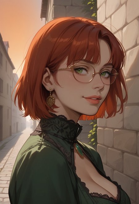 score_9,score_8_up,score_7_up,score_6_up,score_5_up, masterpiece, best_quality, ultra-detailed, from side, close up, face focus
BREAK 
1girl, solo, short red hair, bangs, green eyes, aviator glasses, large breasts, standing, smiling, green victorian dress
BREAK
garden, stone wall, cobblestones, sunset, orange sky