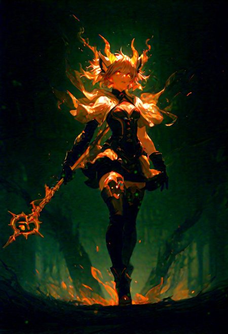 masterpiece, best quality, very aesthetic, absurdres, 
scifi, fantasy, masterpiece, best quality, great composition, four arms, many limbs, asymmetry, asymmetrical arms, holding enormously big magic staff enchanted with the souls of the damned, Creepy magical girl that appears ghostly and otherworldly. Her form hovers above the ground, giving it an ethereal and unsettling presence. Black messy hair, horns. She is wearing yellow steampunk dress, brown shorts, black tights, brown boots, black gloves. with sharp, jagged features that make it look both menacing and unnatural. Her face is evil but beautiful, wide smile, obscured, often appearing as a shadowy void or with glowing eyes that pierce through the darkness.
Her arms are elongated and end in claw-like appendages, giving it a sinister, predatory look. Her lower body fades into a swirling mist and fire, emphasizing its incorporeal nature. She moves fluidly, as though gliding effortlessly, and her presence is often accompanied by an eerie glow or shimmering aura.