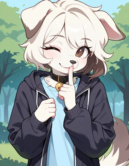 masterpiece, best quality, very aesthetic, absurdres,
outdoors, 
t-shirt, open jacket, 
upper body, headshot, shushing, one eye closed, 
seductive smile, parted lips, long eyelashes,
 <lora:Infi_v01_NAIXL:1>,
1nf1,1girl,solo,furry,furry female,dog girl,dog ears,short hair,white hair,brown eyes,snout,animal nose,collar,neck bell,body fur,white fur,dog tail,