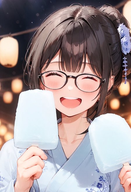 masterpiece, best quality, very aesthetic, absurdres,
1girl, solo, glasses, black hair, food, long hair, blush, holding, holding food, yukata, floral print, hair ornament, hair flower, hair bun, uchiwa, paper fan, paper lantern, night, blurry background, happy, laughing,  
garigarikun, 
<lora:garigarikun_SDXL_V1:1>