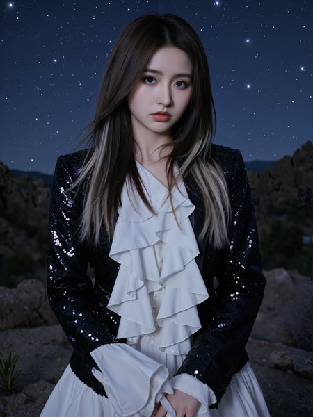This is a high-resolution photograph featuring a young Asian woman with long, straight, dark hair and a light skin tone, standing beneath a vast, starlit sky in a remote, open wilderness. The background is softly blurred, revealing the faint silhouette of rugged rock formations and sparse vegetation under the night sky. Countless stars are scattered across the deep indigo above, adding a quiet sense of wonder to the scene.

She is illuminated by a soft, directional light that gently touches her face and upper body, casting a silvery glow on her skin and creating subtle shadows that enhance the contours of her features. Her expression is calm and unreadable, with a stillness that mirrors the vast silence of the landscape around her.

She wears a black sequined jacket that catches hints of light like stars scattered across fabric, layered over a delicate white ruffled blouse. The textures contrast sharply—the structured shimmer of the jacket against the airy folds of the blouse. In her hands, she holds a piece of white, frilly fabric, the edges fluttering slightly in the breeze.

The composition follows the rule of thirds, with her positioned slightly off-center, blending elegance with isolation. The overall mood is ethereal and enigmatic—an intersection of fashion and nature beneath the cosmic stillness of night.
