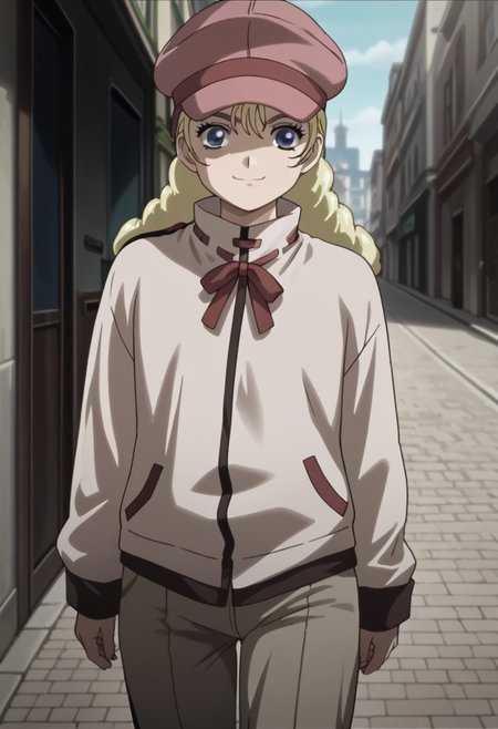 score_9, score_8_up, score_7_up, source_anime,masterpiece,best quality,highres,absurdres,official art,official style,source_anime,anime screencap,anime coloring,megami magazine,anime,animated,zPDXL2,skin highlights, (1girl,solo), Patty_Lowell, blonde hair, blue eyes, puffy hair, pants, long sleeves, cabbie hat, smug, street,