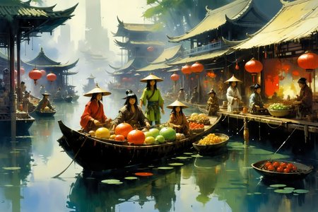 chinese floating market, (fantasy:1.2),  <lora:John Berkey Style:1> John Berkey Style page, <lora:Retro_Illustration:1> 2d game scene, oil and watercolor painting,, (masterpiece:1.2), best quality