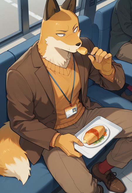 best quality, newest, absurdres, highres, (masterwork, masterpiece, best quality, hyper-detailed :1.3), 

1boy,


  y4m4m0t0, fox boy, black_eyes, brown jacket, orange sweater, brown pants, lanyard, red socks, shoes, eating, food_on_face,

background,

