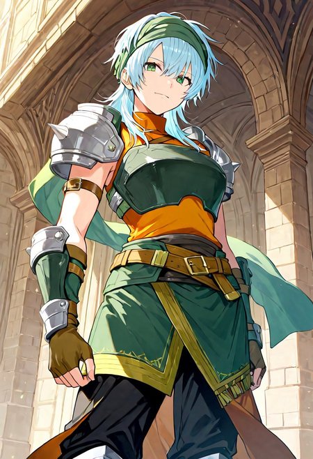 (score_9, score_8, score_7), masterwork, masterpiece, best quality, beautiful eyes, beautiful face, detailed eyes,detailed face,echidna01, light blue hair, green eyes,short spiky hair, green headband, sharp eyes,   dark green chest armor, orange sleeveless turtleneck top, brown leather straps, silver shoulder armor with spikes,   green asymmetrical skirt with yellow trim, side slits, brown belt with gold buckle, green waist scarf,   black pants, silver knee guards, green shin guards with yellow straps, brown fingerless gloves