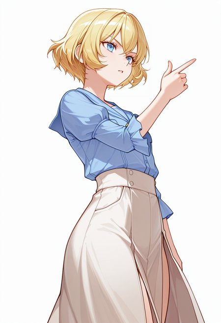 Smooth Quality,masterpiece,very intricate, high quality details, ultra realistic, high detailed skin,detailed enviorement,absurdres,
finger gun,
 <lora:Lierre_CNR:0.8> lierre_cnr, 1girl, blonde hair, short hair, bangs, blue eyes,, serious,, simple background, white background, from below,solo,, lantern sleeve blouse,  ,shirt, ,slit skirt,,