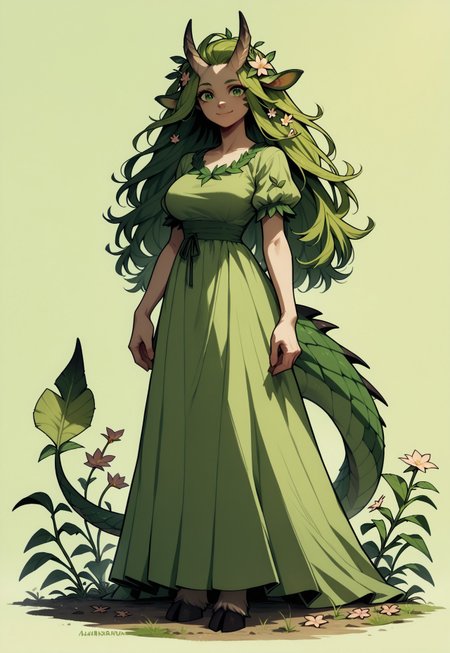 safe_pos, score_9, score_8_up, score_7_up, score_6_up, score_5_up, score_4_up, rating_safe, end_fl4t, solo, 1girl, hooves, horns, flower, green eyes, green hair, hair flower, dress, tail, animal ears, breasts, smile, monster girl, looking at viewer, green dress, long hair, hair ornament, full body, large breasts, closed mouth, leaf, standing, short sleeves, simple background