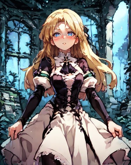 (score_9, score_8_up, score_7_up), source anime, indoors, forest, night, ruins, (night), stars, cosmos, <lora:backgroundsetXL:0.2> , background, woman ruins standing, <lora:Expressive_H:0.6> , expressiveh, female focus, blush, looking at viewer, <lora:HandFixer_pdxl_Incrs_v1:0.45> , handfixer, depth of field, highly detailed,(cowboy shot),  <lora:StS_detail_slider_v1PonyXL:2>, detailed, clutter, <lora:Manhwa-Artstyle__PonyXL__Shufflebox:0.65> , Manhwa-Artstyle, anime_source,   <lora:Yggdra:0.7> , yggdef, 1girl, blonde hair, long hair, blue eyes, hair ribbon, ascot, juliet sleeves, black sleeves, dress, cross-laced clothes, cross-laced dress, lace-trimmed dress, lace trim, corset, black pantyhose,