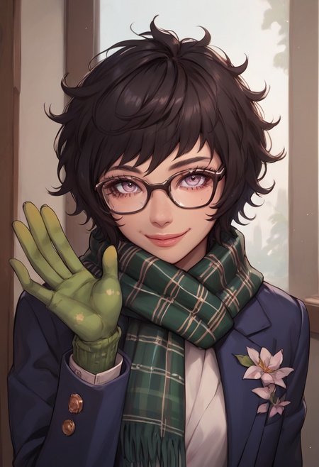 masterpiece,best quality, highly detailed, score_9, score_8_up, score_7_up, score_6_up,source_anime, 
BREAK, 1girl, miyazusmtv, black hair, short hair, messy hair, glasses, scarf, blazer, shirt, plaid skirt, black pantyhose, green gloves, looking at viewer, cowboy shot, gentle smile, waving hello