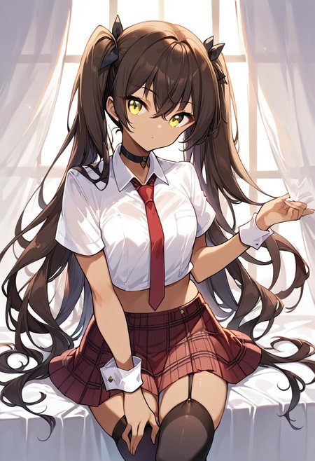 score_9, score_8_up, score_7_up, 1girl, l1l1ana, black choker, white shirt, necktie, red skirt, plaid skirt, detached cuffs, short sleeves, black thighhighs, garter straps, midriff, red necktie, 
 source_anime, ntm