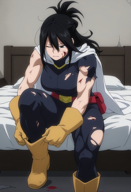 1girl,solo,mm,mature female,black hair,mole under mouth,long hair,muscular,black eyes,large breasts,anime coloring,
bodysuit, cape,gloves,belt,boots,sitting,on bed,torn clothes, dirty,injury, putting on footwear,exhausted, indoors,blood on face, one eye closed, 
,masterpiece,best quality,amazing quality,<lora:Shimura_nana-My_Hero_Academia:0.8>