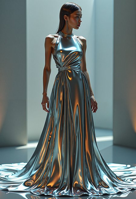 A woman in a dress made of liquid metal, fashion illustration, by Zaha Hadid, futuristic design, flowing iridescent fabric ð,  <lora:models\Flux\DarkCore-000003:0.65>,, <lora:models\Flux\FLUX.1-Turbo-Alpha>,