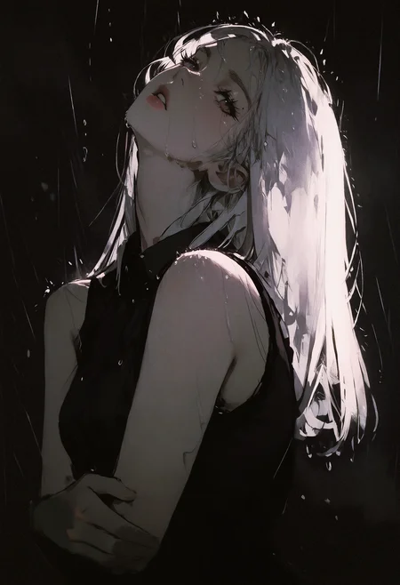 masterpiece, very awa, amazing quality, best quality, newest, highres, absurdres, 1girl, solo, white hair, long hair, straight hair, half close eyes, black eyeliner, long eyelashes, parted lips, collared shirt, sleeveless shirt, bare shoulders, head back, head tilt, sideways glance, looking at viewer, from side, upper body, self hug, dark background, rain, wet, water drop, GTHAN, <lora:NOOB_vp1_detailer_by_volnovik_v1:0.3> <lora:ponyv6_noobV1_2_adamW-000017:0.3> <lora:illustriousXL_stabilizer_v1.23:0.3> <lora:GTHAN-IL:1> <lora:MelancholyAnime:0.5> <lora:96YOTTEA-WAI:0.5> <lora:shiej007:0.2> <lora:KonyaKarasue-000008:0.4>