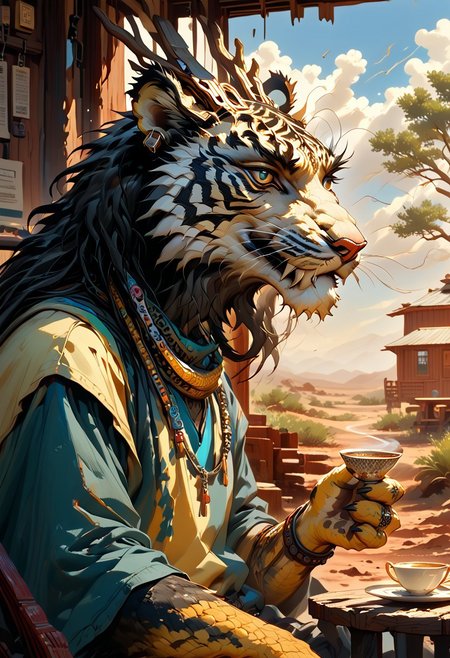solo, Xerneas, sinozick style, alien humanoid, qinglong, dragon, tiger, peregrine falcon, amazigh tattoo, berber tattoo, moose, man, longxiang style, m0nst3r, tig, chinese dragon, long muzzle, big fangs, orange and black fur, green scales, jade patterened scales, scaly arms, male_tiger, emerald tree boa, anthro, furry male, sitting in rocking chair, drinking tea, teacup, table, curious smile, holding binoculars, teal tank top, light gray shorts, jewelry, bracelets, rings, BREAK,
New Mexico desert, southwestern desert, desert, rock, weed, scattered trees, thunderstorm, day, sunlight through clouds, thunderclouds in background, BREAK,
cabin, adobe cabin, mud bricks, windows, wooden beams, lumber, mud walls, adobe, garden, door, open door, small electric lightbulb
