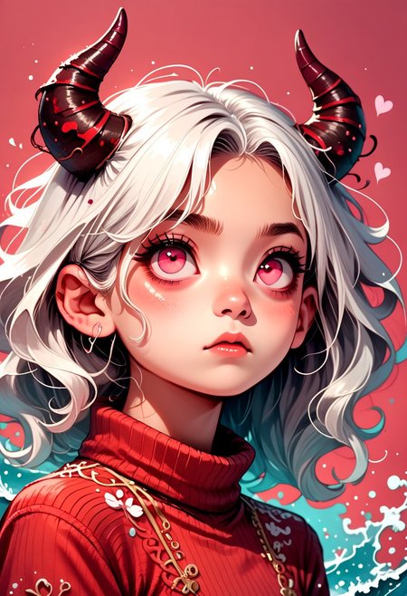 score_9, score_8_up, score_7_up, source_anime, digital illustration of a young girl with white hair and pink eyes. She has two horns on her head, one on each side of her head and the other on her forehead. She is wearing a red turtleneck sweater with small white hearts scattered around her. Her hair is styled in loose waves and falls over her shoulders. She appears to be looking off to the side with a serious expression on her face. The background is white, vibrant colors, high contrast, smooth & soft gradients, stylized realism, cartoon-like details, dreamy, warm colors