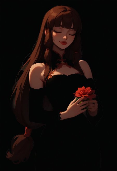 safe_pos, (Blend_in, black background), score_9, score_8_up, score_7_up, masterpiece, (high contrast, sidelightning, cowboy shot), mature, stunning, 1girl, solo, imtdlilaross, long hair, low-tied long hair, blunt bangs, brown hair, hair tubes, matte red lips, black china dress, halter neck, (cleavage cutout:0.8), bare shoulders, black fingerless elbow gloves, (black clothes:1.5), smile, rose (flower), holding flower, hand up, smelling flower, closed eyes