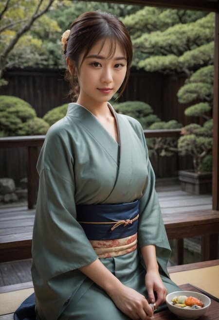 From frontal below :1.3,(dark background:1.3),(sitting behind wood table:1.631),(restaurant at ryokan:1.2),(Japanese tea cups and ((sukiyaki ))on table:1.63),((sukiyaki :1.5)),(beautiful real texture :1),smile face:1,(royal),10k,(real skin texture:1),high resolution,(one 32 years old elegant Japanese woman wearing in jyuban and colored long kimono:1.2), (looking at garden :1.4),exquisite face:1,(163cm tall:1),(fine wrinkle  :1.),(detailed innocent girls face:1.), NegfeetV2,(dazzling face:1.4),(small single chignon:1), ((one side )breast out:1.4)
