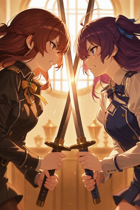 masterpiece, best quality, absurdres, safe
2girls, sword clash, holding sword
<lora:sword_clash_il_2_v4_d16_final:1>