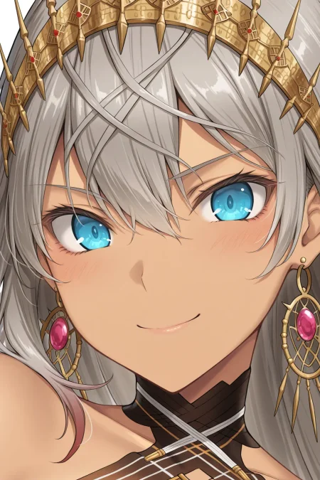 masterpiece, best quality, zenobia_tyerina_ilxl, 1girl, solo, <lora:zenobia_tyerina_ilxl:0.8> ,grey hair, dark-skinned female, earrings, crown, navel, neck ring, bangs,  smile , (close up face:1.5), from the right side, general,  looking at viewer