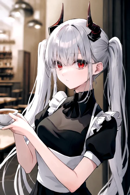<lora:sarkazgirl-03:1>, BREAK white hair, horns, very long hair, twintails, red eyes, medium breasts, black dress, upper body, maid uniform,working in a busy cafe